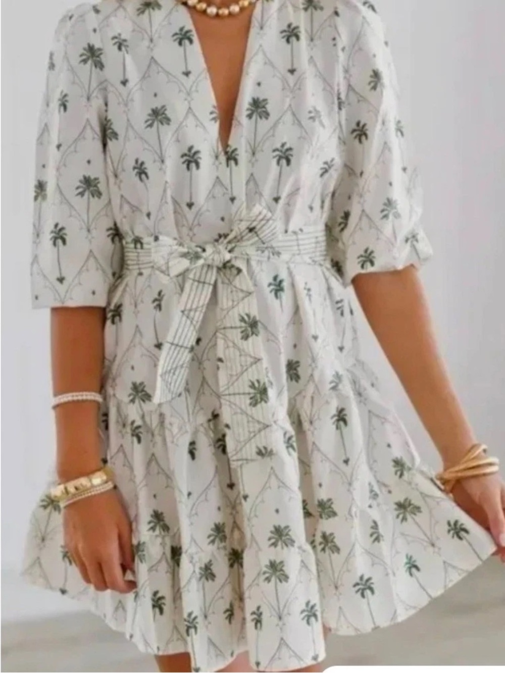 Zara White Mini Dress with Green Palm Print and Tie Waist NWT Size XS